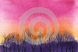 Beautiful watercolor landscape. Dark silhouettes of thin branchy trees against violet blurry wood and bright rainbow sky gradient