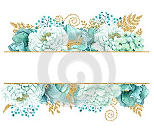 Beautiful Watercolor mint flowers frame. Mint gold wedding invites template