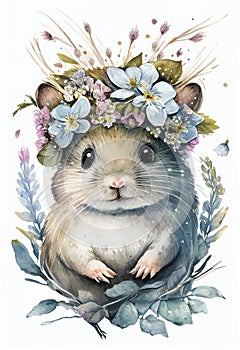Beautiful watercolor mouse baby portrait, great design with flowers crown. Cute wildlife animal cartoon drawing Poster