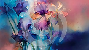 beautiful watercolor orange-purple irises flowers against blur colorful background. Digital artwork. Ai generated