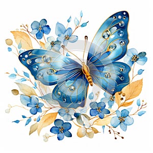 A beautiful watercolor painting of a blue and gold butterfly surrounded by delicate flowers photo