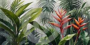 Beautiful watercolor painting of calathea, palm and heliconia in Scandinavian style AI Computer Generated Image