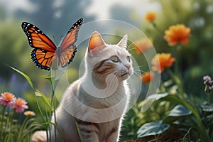 Beautiful watercolor painting of cute cat and butterfly in the beautiful garden in Scandinavian style AI Computer Generated Image