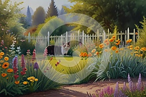 Beautiful watercolor painting of cute cat in the garden in old Britain style AI Computer Generated Image