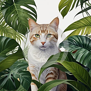 Beautiful watercolor painting of cute cat, monstera and calathea in Scandinavian style AI Computer Generated Image