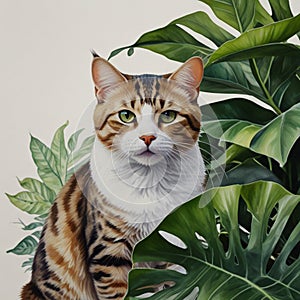 Beautiful watercolor painting of cute cat, monstera and calathea in Scandinavian style AI Computer Generated Image