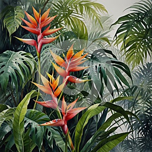 Beautiful watercolor painting of monstera, calathea, palm and heliconia in Scandinavian style AI Computer Generated Image