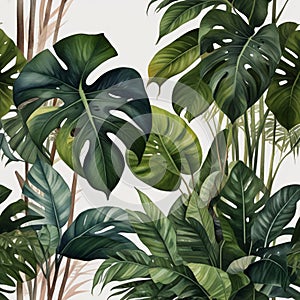 Beautiful watercolor painting of monstera and calathea in Scandinavian style AI Computer Generated Image
