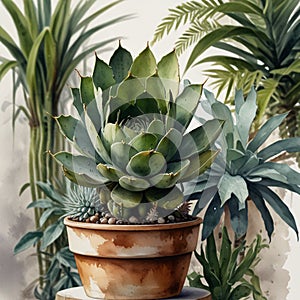 Beautiful watercolor painting of suculent and other tropical plants in pot in Scandinavian style AI Computer Generated Image photo