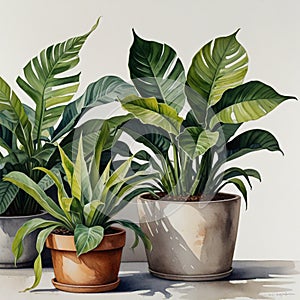 Beautiful watercolor painting of tropical plants in pot in Scandinavian style AI Computer Generated Image