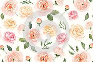 Watercolor floral pattern featuring roses and green leaves on a white background