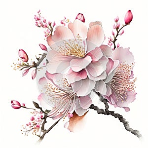 Beautiful watercolor of pink sakura blossom or chrry blossom on white background