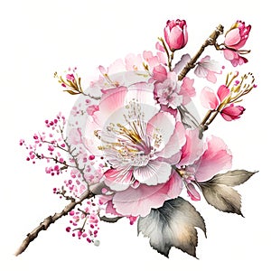 Beautiful watercolor of pink sakura blossom or chrry blossom on white background