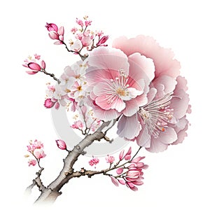 Beautiful watercolor of pink sakura blossom or chrry blossom on white background
