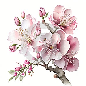 Beautiful watercolor of pink sakura blossom or chrry blossom on white background