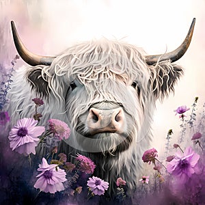 Beautiful watercolor portrait of a highland cow with flowers. Digital painting