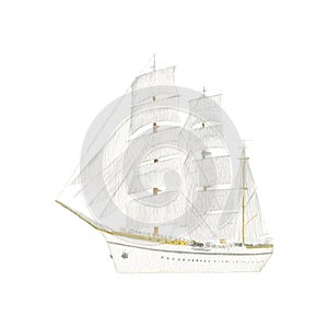 Beautiful watercolor retro white sailing ship with set sails. Cruise. Sailing, Yacht, sloop, schooner, Windjammer, clipper