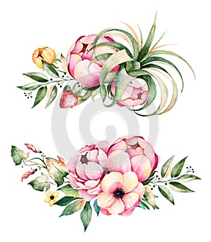 Beautiful watercolor round frame border with peony,field bindweed,branches,lupin,air plant,strawberry.