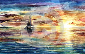 Beautiful watercolor sea landscape illustration with sunset, sky and clouds, ship, vessel, boat in ocean, water reflections art