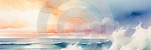 Beautiful watercolor sea and sky view on sunset with big waves. Summer pastel banner with blue and turquoise ocean