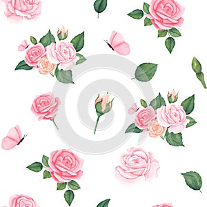 beautiful watercolor seamless pattern with pink pastel roses, leaves and butterfly. Illustration for fabric, tectile