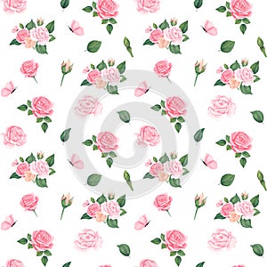 beautiful watercolor seamless pattern with pink pastel roses, leaves and butterfly. Illustration for fabric, textile