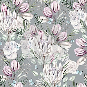 Beautiful watercolor seamless pattern  with rose, protea flowers and eucalyptus leaves