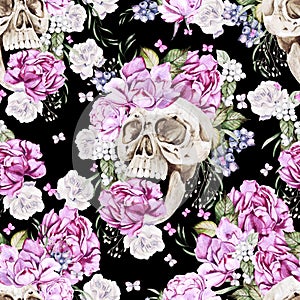 Beautiful watercolor seamless pattern with skull and flowers of peony and roses