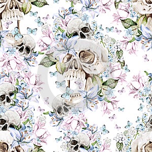 Beautiful watercolor seamless pattern with skull and flowers of peony and roses