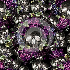 Beautiful watercolor seamless pattern with skull and flowers of peony and roses