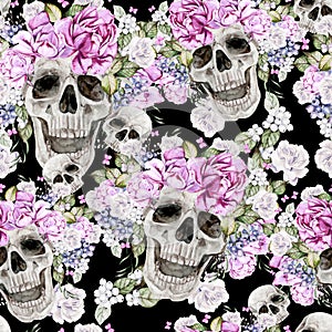 Beautiful watercolor seamless pattern with skull and flowers of peony and roses