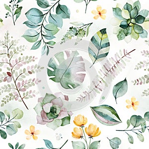 Beautiful Watercolor Seamless pattern with succulent plants,palm and fern leaves