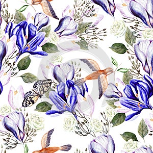 Beautiful watercolor seamless wedding pattern with eucaluptys, crocus and butterfly.