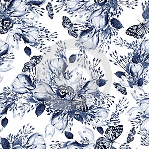 Beautiful watercolor seamless wedding pattern with eucaluptys, crocus and butterfly.