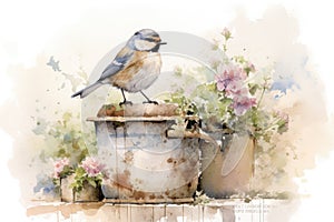 Beautiful watercolor singing bird in a garden on a white background