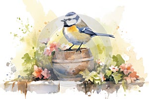 Beautiful watercolor singing bird in a garden on a white background