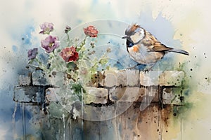 Beautiful watercolor singing bird in a garden on a white background