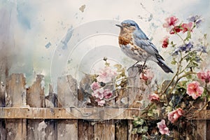 Beautiful watercolor singing bird in a garden on a white background