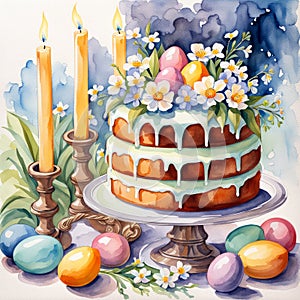beautiful watercolor style illustration of Easter cake with colored eggs, spring flowers and burning candles