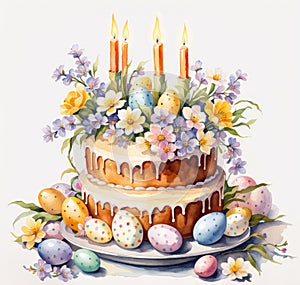 beautiful watercolor style illustration of Easter cake with colored eggs, spring flowers and burning candles
