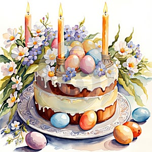 beautiful watercolor style illustration of Easter cake with colored eggs, spring flowers and burning candles