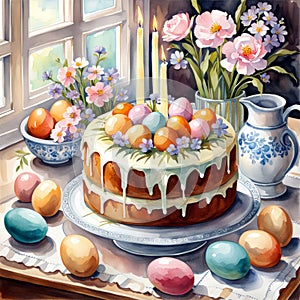 beautiful watercolor style illustration of Easter cake with colored eggs, spring flowers and burning candles