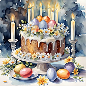 beautiful watercolor style illustration of Easter cake with colored eggs, spring flowers and burning candles