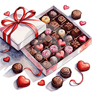 beautiful watercolor style illustration, valentines day pattern with chocolates present box, heart shaped candies and hearts