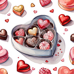 beautiful watercolor style illustration, valentines day pattern with chocolates present box, heart shaped candies and hearts