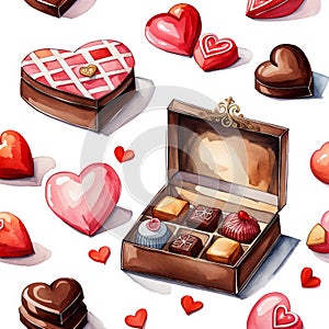 beautiful watercolor style illustration, valentines day pattern with chocolates present box, heart shaped candies and hearts