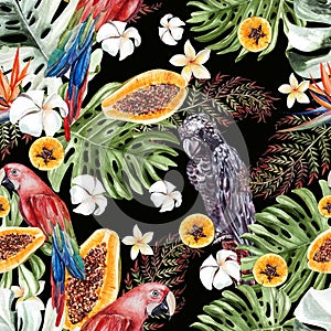 Beautiful watercolor tropical pattern with leaves, fruits and parrots