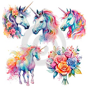 Beautiful watercolor unicorns set in rainbow pink and blue colors. Hand drawn illustrations set