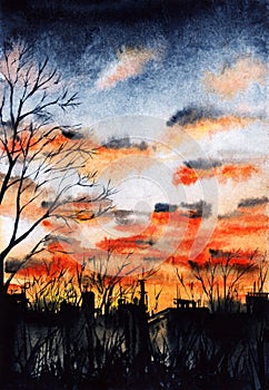 Beautiful watercolor view of evening cityscape. Late autumn landscape with bare graceful branchy trees against blurry silhouettes