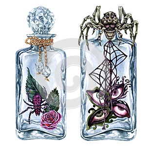 Beautiful watercolor vintage bottle for perfume and elixirs in fantasy games, in the alchemy laboratory, for magic
